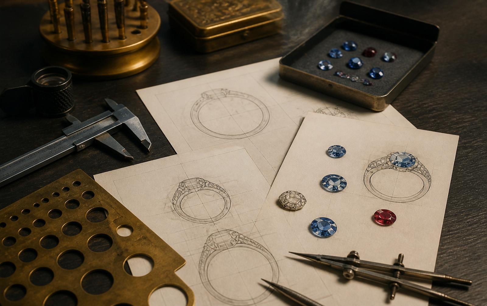 Atelier workbench with hand-drawn ring sketches and loose gemstones
