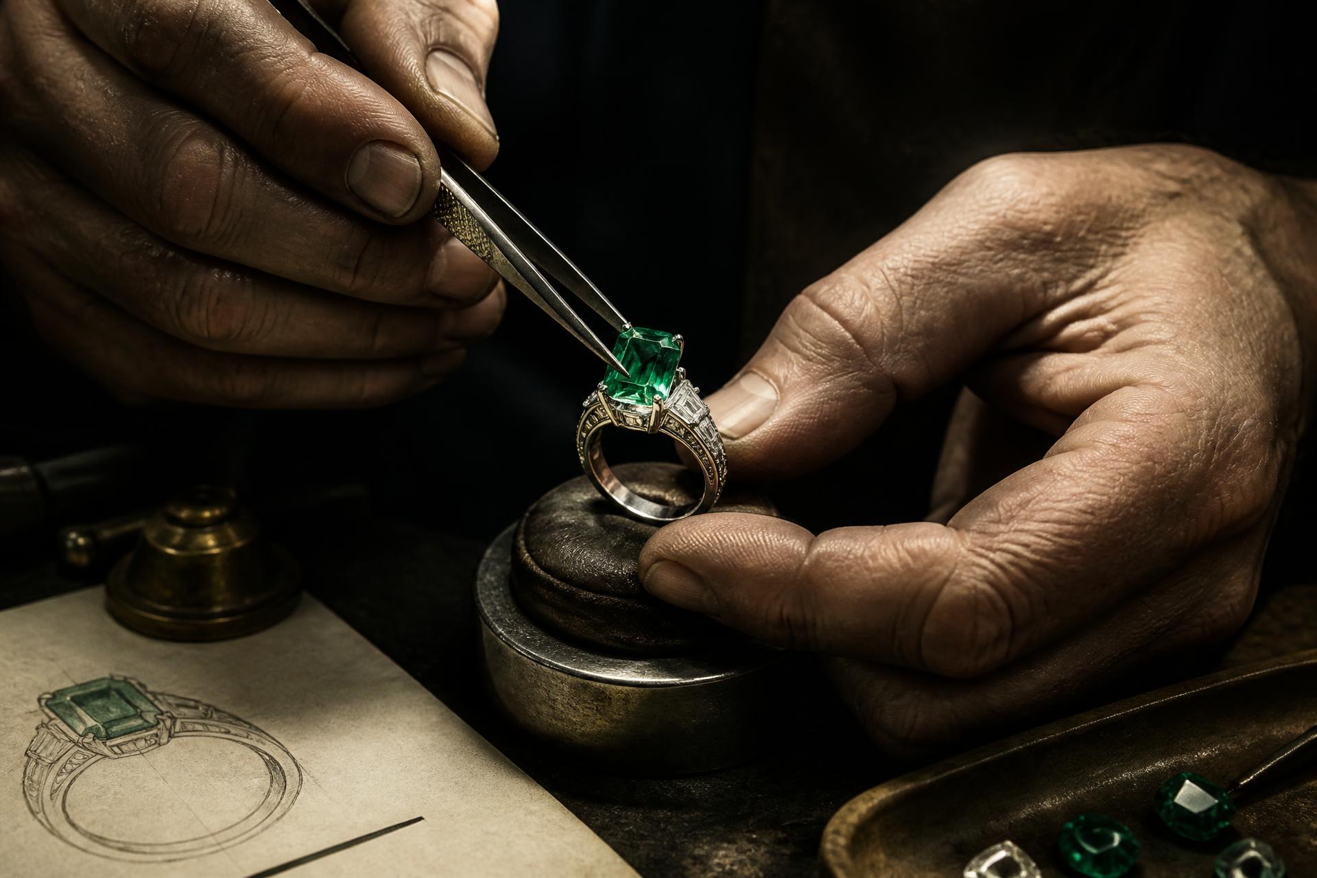 Master goldsmith setting a natural gemstone into a platinum ring