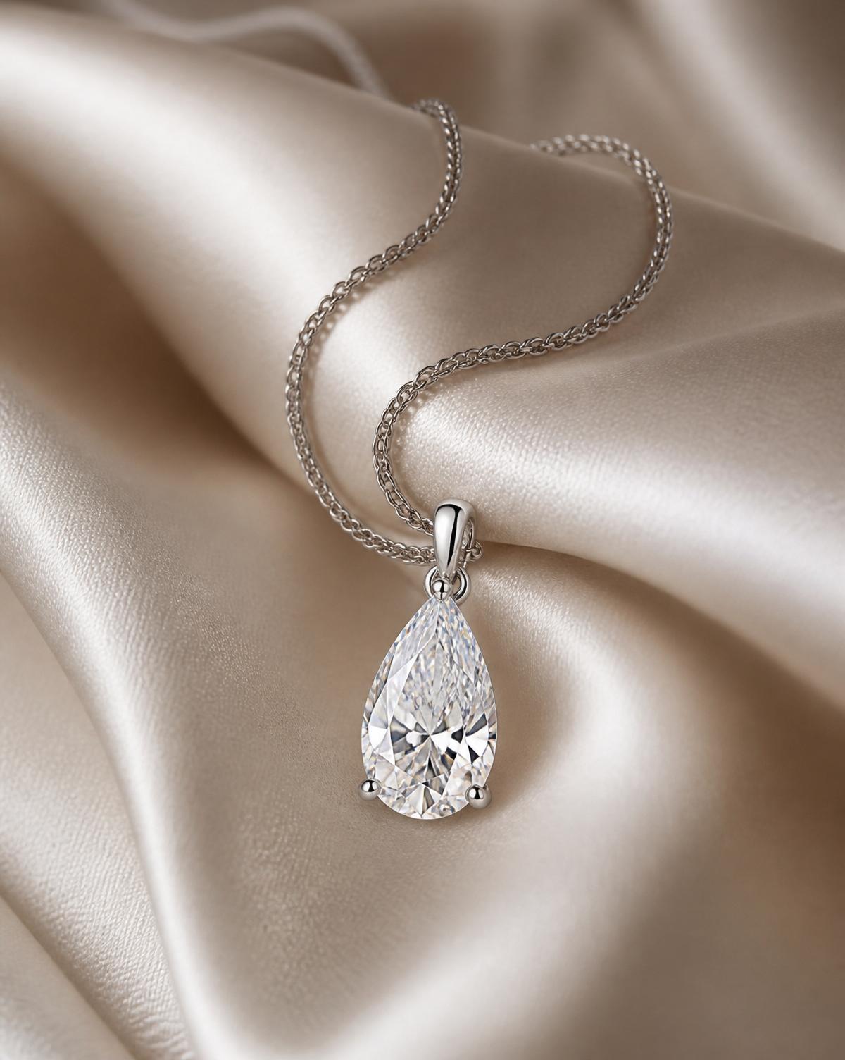 Pear diamond solitaire pendant on platinum chain
