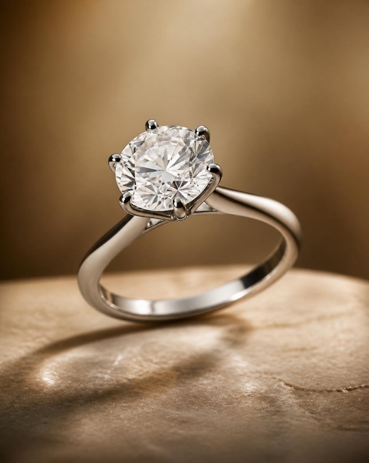 Round brilliant diamond solitaire in six-prong platinum setting
