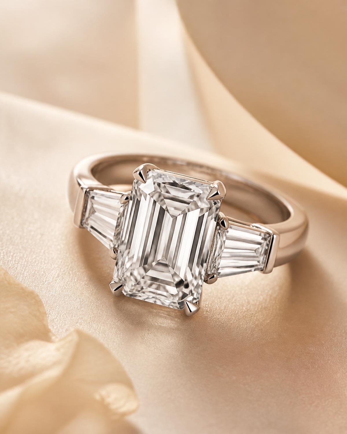 Emerald-cut diamond trilogy ring with baguette shoulders