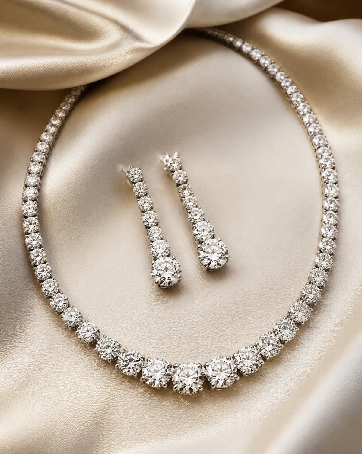 Diamond riviere necklace and drop earrings suite in platinum