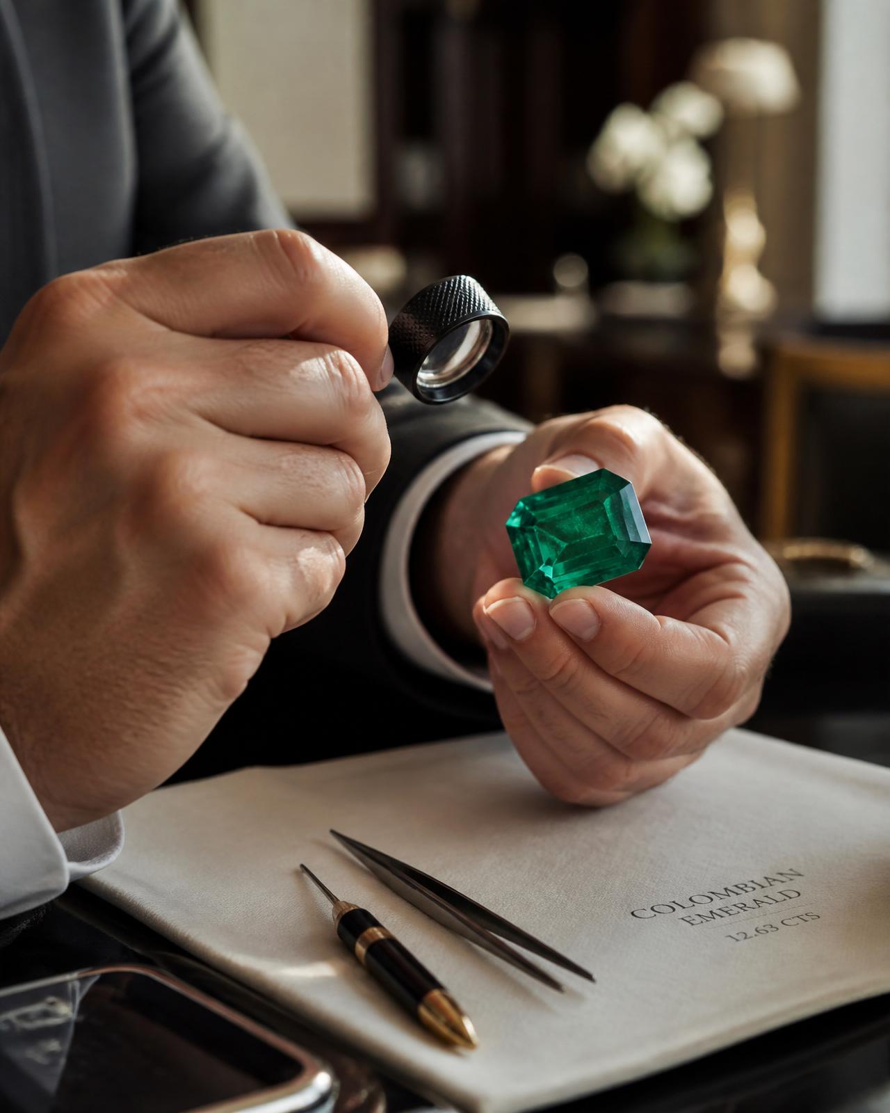 Senior gemologist examining a Colombian emerald in a private viewing salon
