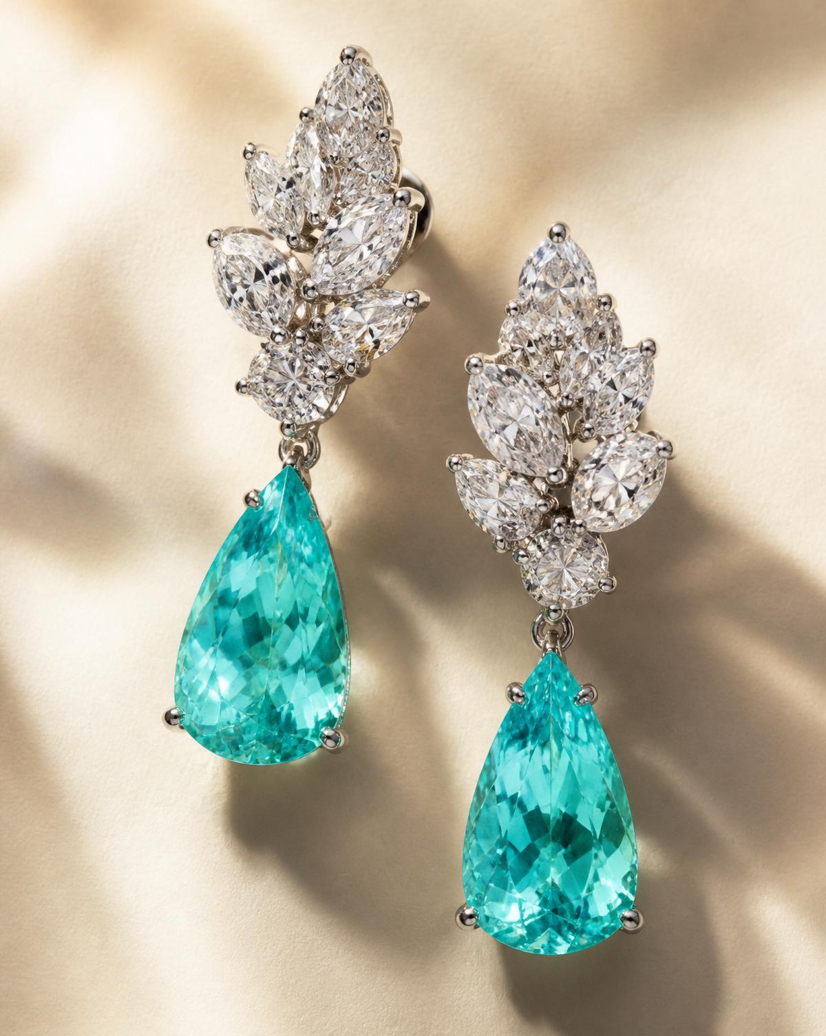 Paraiba tourmaline drop earrings with diamond cluster tops