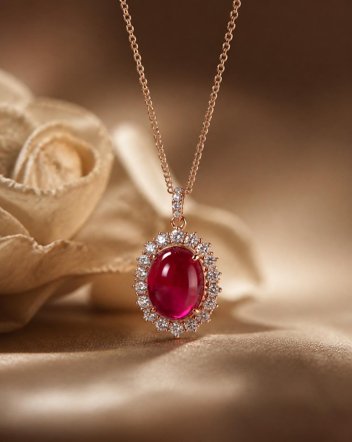 Ruby cabochon pendant with diamond halo in rose gold