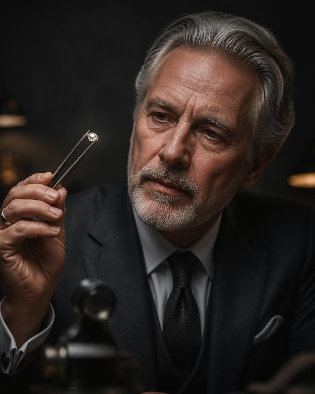 Senior gemologist of the house examining a natural diamond