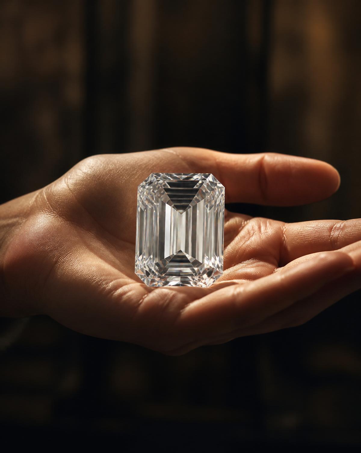 Exceptional emerald-cut white diamond held in an open hand