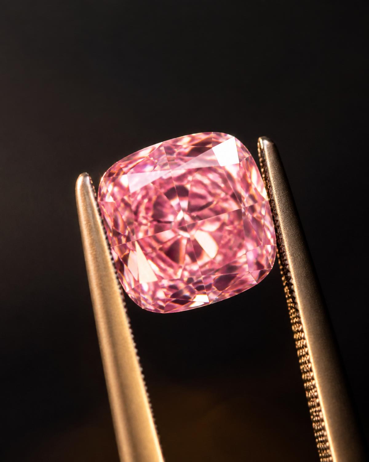 Natural fancy pink cushion-cut diamond held in tweezers